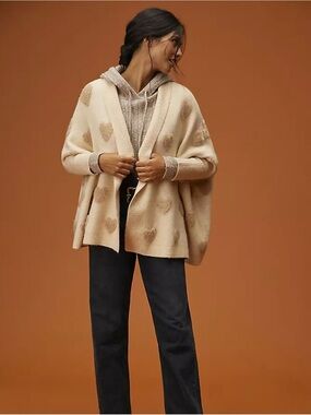 Anthropologie Boucle Heart Knit Kimono Sweater Cardigan Ivory OS NWOT